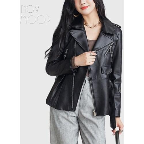 Novmoop sheepskin genuine leather women jacket flare hem graceful office lady daily wear spring autumn Chaqueta de cuero LT3494