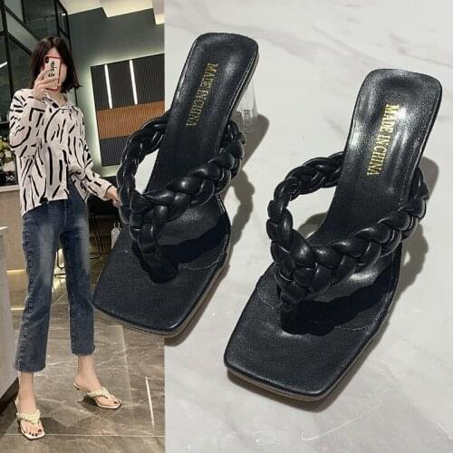 Sandals for ladies, European and American new style square toe woven sexy flip flops sandals thick heel slippers plus size