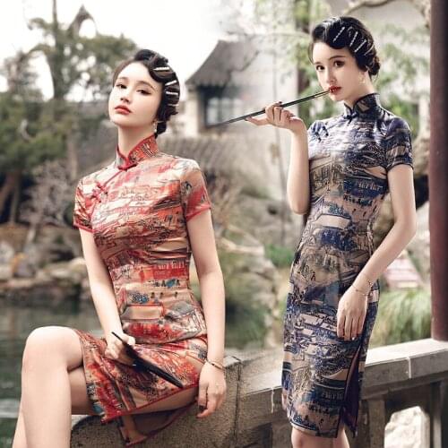 Vintage Chinese Female Short Sleeve Qipao Women Traditional Satin Red Print Cheongsam Formal Party Gown Vestidos Plus Size M-4XL