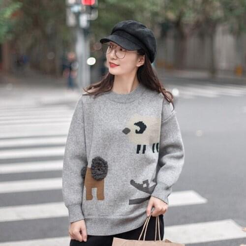 Cartoon Jacquard Harajuku Knit Pullover Women Sweater 2021 Winter Warm Full Sleeve O-neck Korean Fashion Female Jumpers Tops