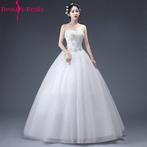 Beauty Emily New Arrival Strapless Ball Gown Wedding Dresses 2019 Sexy Backless Long Bridal Dress with Pearls Robe de Mariee