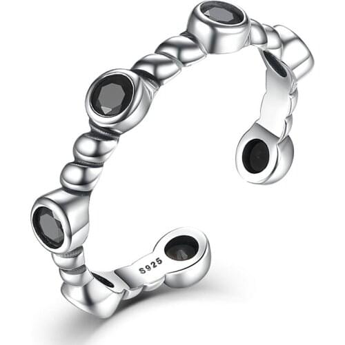 2017 New Real Sterling Silver 925 High Quality Black Stones Band Finger Open Adjustable Ring Women & Lady Jewelry