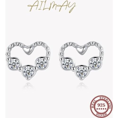 Ailmay Genuine 925 Sterling Silver Simple Heart Earrings Small Lovely Earrings Minimalism Exquisite Stud Jewelry New Style