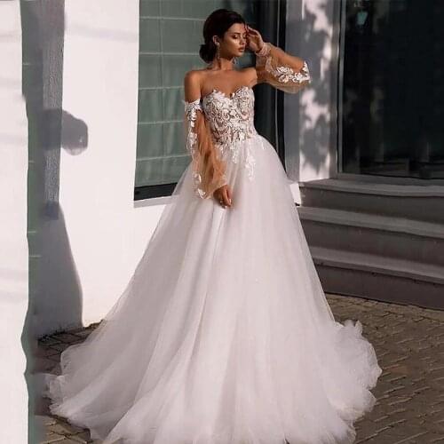 Applique Lace Boho Wedding Dresses Sweetheart Off Shoulder Long Sleeves A Line Bridal Dress Corset Back Wedding Gowns Plus Size