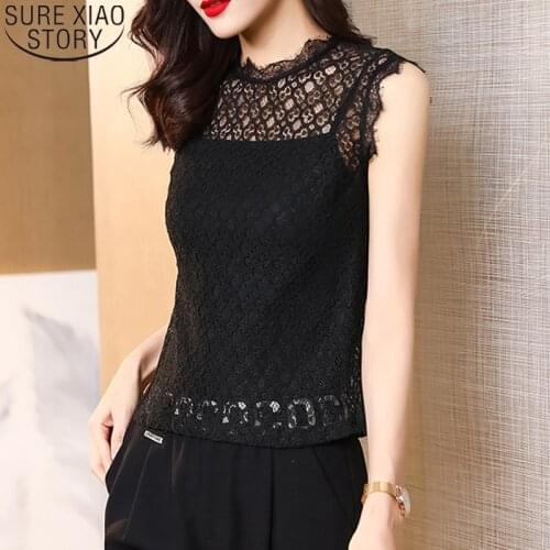Black Lace Tops Women Blouse Summer 2021 New Fashion Sleeveless Thin Stand Collar Bottoming Shirt Hollow Out Clothes 13988