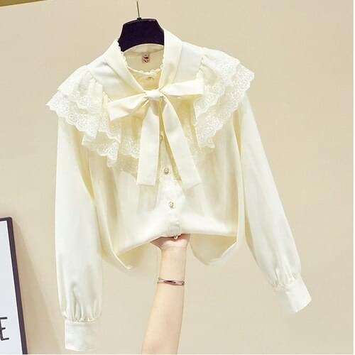 Elegant Shirt Women 2021 Spring New Ruffled Stand Collar Chiffon Blouse Girls Ladies All-Match Solid Color Tops