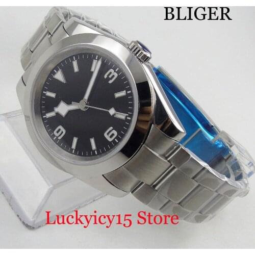 BLIGER High Quality Dress 40mm Automatic Mens Watch Polished Watch Case Sterile Dial Mental Strap