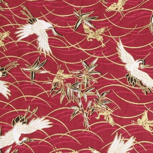 HLQON 100% cotton sateen stretch gold stamp red print fabric for DIY sewing women clothing upholstery tissue wedding dress