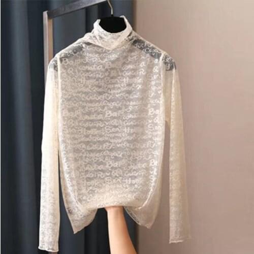 Summer Sexy Slim Hollow Out Lace Tops Half High Collar Base Coat Women T Shirt Western Style Letter Print Yarn Long Sleeve Shirt