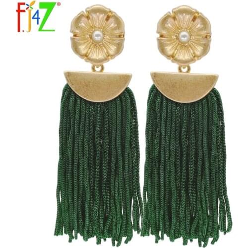 F.J4Z Trendy Fashion Luxury Designer Bohemian Green Tassel Faux Pearl Flower Chandelier Earrings for women Bijoux