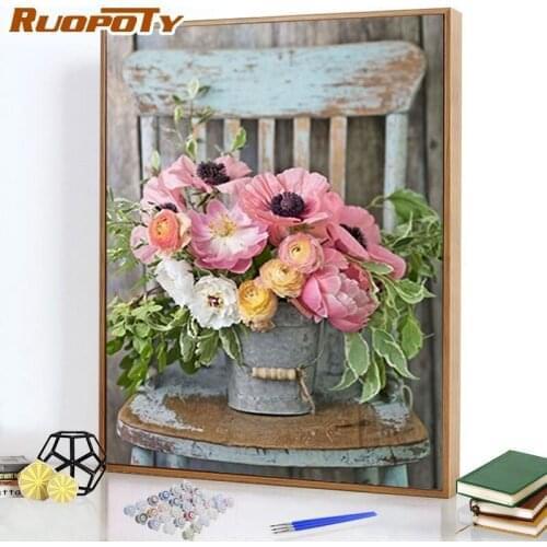 RUOPOTY DIY Acylin Painting By Numbers Flowers on the stool HandPainted Oil Painting Home Art Canvas 60x75cm Modern Gift