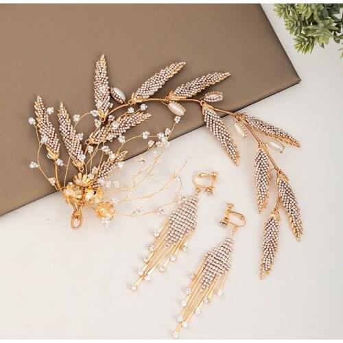 Fashion Temperament Gold Leaf Flower Decor Hairband & Earrings Set Exquisite Glittered Rhinestone Girls Wearable Jewelry LXH
