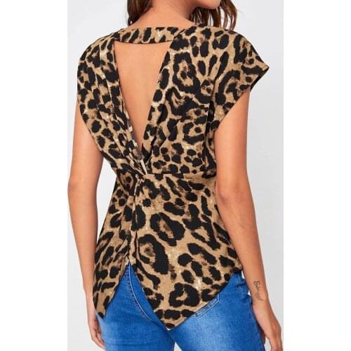Leopard Shirts For Ladies 2021 Summer New Plus Size Party Tops Fashion Womens Print Backless Short Round Neck Loose Shirt Tops
