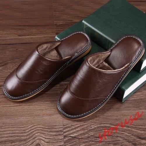 Mens Slippers Home Shoes Winter Real Leather Casual Flat Striped Slides Shoes Pull On Warm Winter 3Colors New