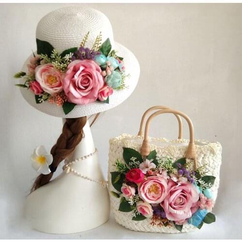 Elegant womans straw bag with sun hat Handmade flowers Handbag women Beach bag fashion Girls Sun Visor UV protection panama hat