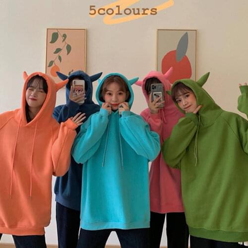 Horn Korean Solid Color Loose Hooded Warm Ladies Hoodie Hedging Simple Commuter Cute Winter Multicolor Drawsting Womens Blouse