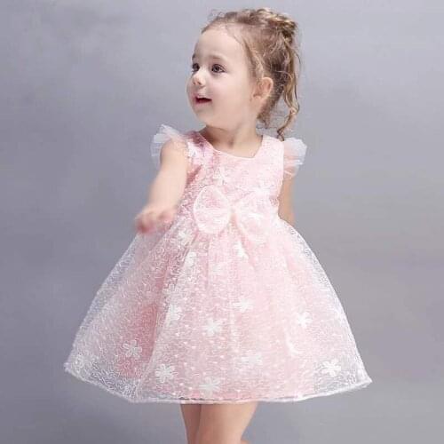 Girls party wear clothing for children summer sleeveless lace princess wedding dress girls well party bow dress