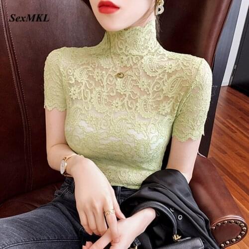 Sexy Transparent White Lace Blouse Women 2021 Hollow Out Casual Summer Ladies Tops Turtleneck Korean Black Streetwear Blouses