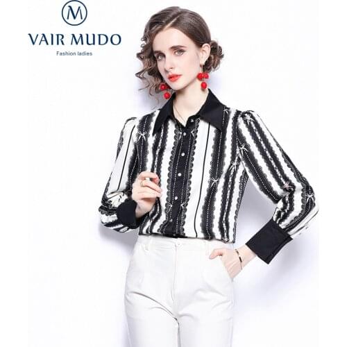 2021 Spring Self-Cultivation Temperament Polo Commuter Womens Contrast Color Lapel Bubble Long-Sleeved Striped Shirt Women Y-69