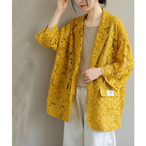 Hollow Lace Blazer Women 2021 Summer Loose Elegant V-neck Top Preppy Style Solid Cardigan Womens Jacket