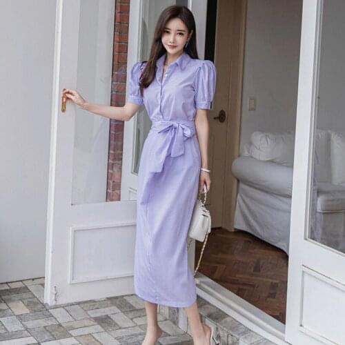 New arrival fashion sets for women summer elegant casual vintage puff sleeve shirt and skirt cotton striped two piece sets