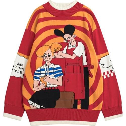 2019 Autumn New High Quality Retro Sweater O Collar Cartoon Letter Set Winter Womens Thick Sweater Shirt Red Sweater Knitting
