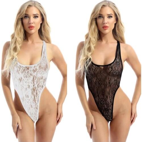 Womens Sexy Lingerie See-through Lace Bodysuit Sleeveless Solid Color Round Neck One-piece Thongs Leotard Bodysuit Nightwear