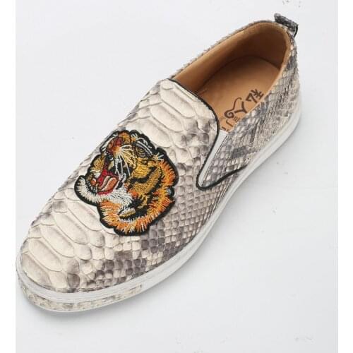 2021 new design 100% real genuine snake skin python leather leisure loafer shoe cow skin lining with tiger head decoration