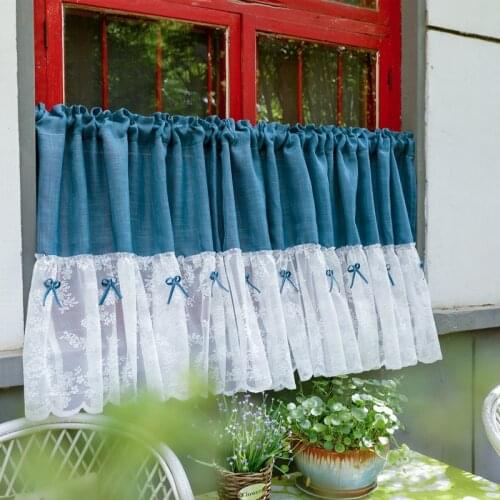 2021 Blue Short Kitchen Curtains Pastoral Lace Tulle Curtain Coffee Bathroom Cupboard Drapes Window Valance Treatment Decor