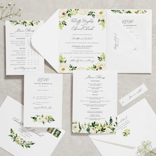 White and Green Floral Greenery Gardern Stationery wedding invitation