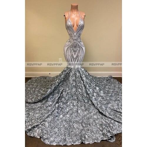 Silver Mermaid Long Prom Dresses 2021 Sexy Deep V-neck Backless Glitter Sequin Top 3D Flowers African Girl Prom Gowns