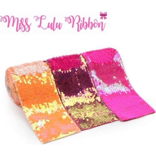 3"75mm Double Color Reversible Sequin Ribbon Hologram Pink Bright Orange Hair Bowknots Making DIY Wedding Dress 2yards/roll