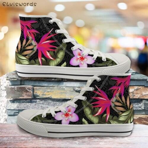 ELVISWORDS Polynesian Plumeria Pattern Classic High Top Style Vulcanized Shoes for Womens Casual Ladies Light Lace Up Sneakers