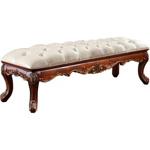 European-style Solid Wood Carved Bed End Stool Sofa Shoe Changing Stool American Bedroom Leather Foot Bedside Couch