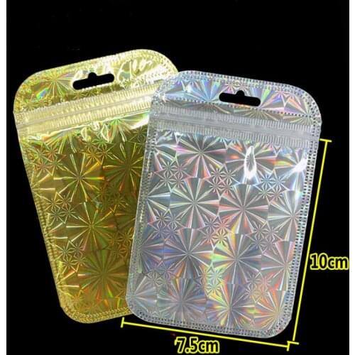 Ferimo 500pcs Laser gold/silver aluminum foil bag self sealing plastic jewelry data line storage bags zip lock baggies package