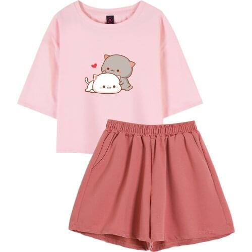 Kawaii Cartoon Top White Shorts for Women Harajuku Cotton T Shirt Short Sleeve Two Piece Set Trousers Casual Outdoors Clothing