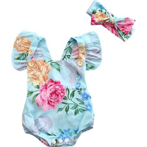 Lovely Sweet Summer Newborn Infant Baby Girls Short Petal Sleeve O-neck Floral Print Covered Button Bodysuit Headband 2PCS