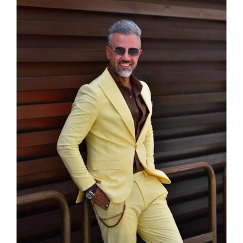 Chic Streetwear Yellow Slim Mens Suits 2 Piece Beach Groomsmen Wedding Tuxedos For Party Formal Prom Suit (Jacket+Pants)