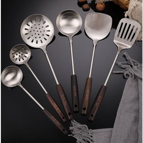 Stainless Steel Vintage Wooden Handle Shovel Colander Anti-Scald Thickening Spatula Kitchen Set Kitchenware