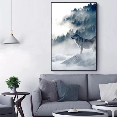 Nordic Art Wolf Snow Mountain Art Canvas Poster Minimalist Prints Nature Pictures Modern Home Room Living Room Decoration