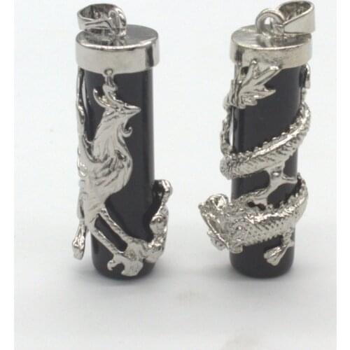 Trendy-beads Silver Plated Black Agates Cylinder Wrap Chinese Dragon Phoenix Pendant Anniversary Jewelry