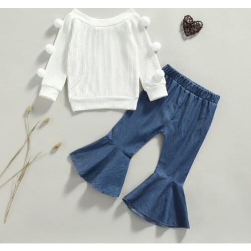 2 Pcs Infant Solid Color Outfits, Baby Girls Round Neck Long Sleeve Pullover with Pom Poms + Flared Pants Spring Autumn