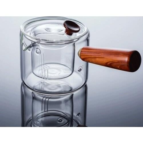 Glass teapot Wooden Handle Thickened Heat-Resistant Glass Kettle Side Handle Flower Teapot Tea Set WF