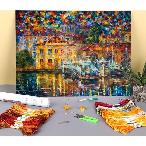 Twin Boats Printed Water-Soluble Canvas 11CT Cross Stitch Patterns Embroidery DMC Threads Needlework Handiwork Gift