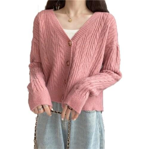 Knit Cardigan Sweater Female Spring Autumn V-Neck Loose Womens Sweater Cardigan Jacket Single-Breasted Coat Outerwear Pink Tops