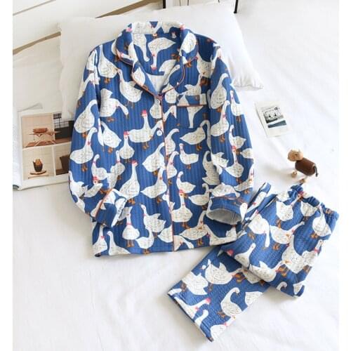 Printed White Goose with Cotton Air Layer Women Nightgown Autumn Winter New Long-sleeve Trousers Pajama Set Warm Thick Home Wear