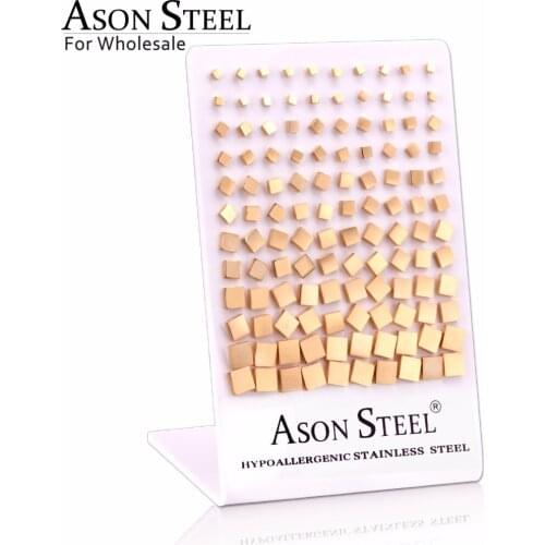 ASONSTEEL Wholesale 60pairs/lot Square Stud Earrings Stainless Steel Size 3mm to 8mm Earrings for Women Bijoux Party