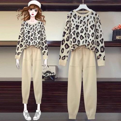 2021 Autumn Winter Women Knitted Tracksuits Leopard Knitted Pullover Sweater + Harem Pants Loungewear Two Piece Set X581