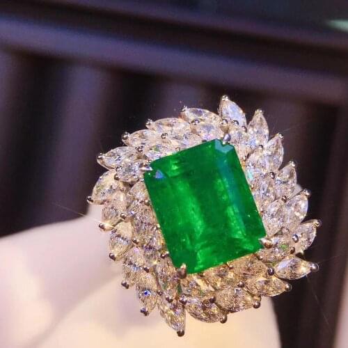100% 14k Solid White Gold 3.0ct Natural Emerald Gemstones Side Stone 1.862ct Real Diamond Rings for Women Fine Jewelry