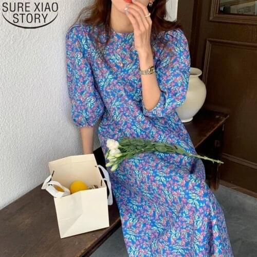 Women Long Dress Vintage Floral Print Dress 2021 Summer New Korean Puff Sleeve Round Collar Loose Casual Dress Vestido 14904